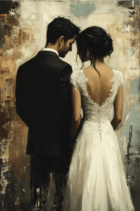 Uma noiva e um noivo em trajes elegantes estão de pé, abraçados em um fundo abstrato e texturizado, simbolizando o primeiro passo para curar um casamento desfeito com Deus - abraçar um ao outro.