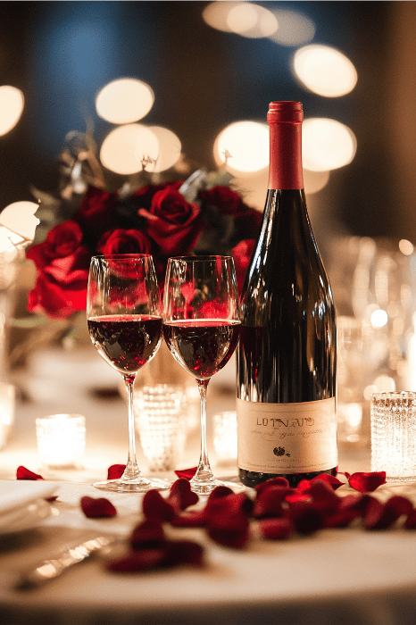 Una botella de vino y copas adornan la mesa, enmarcada por una iluminación suave y cálida y rosas rojas: perfecto para un romántico banquete de San Valentín en la iglesia.