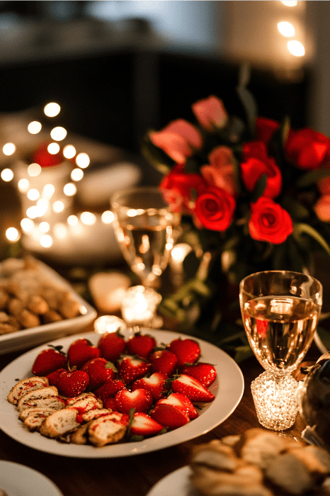 Un entorno romántico con fresas, pasteles, copas de vino y un ramo de rosas, acentuado por luces parpadeantes: ideal para ideas de banquetes de San Valentín en iglesias.