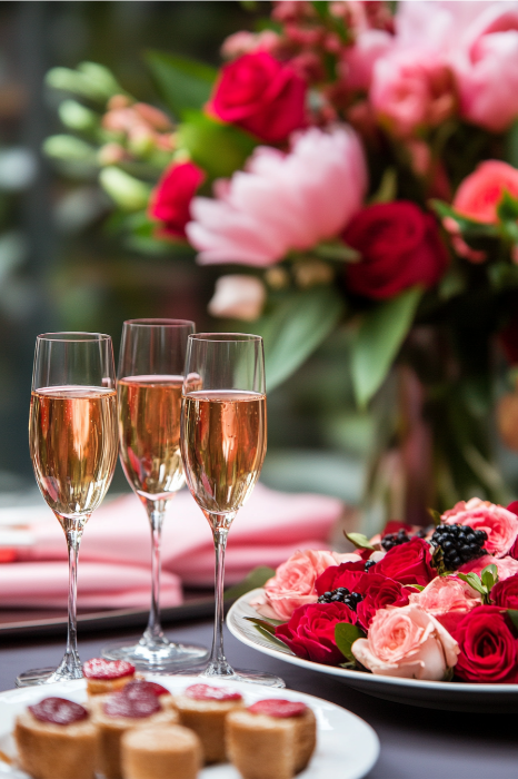 Un trío de copas de champán rosado, un ramo de rosas y un plato de postres adornan la mesa, creando un ambiente elegante que desprende calidez romántica, perfecto para los temas de San Valentín de la iglesia.