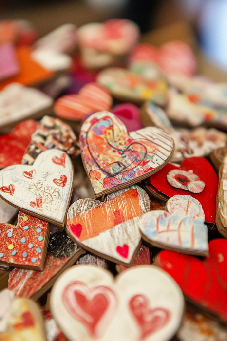 Una pila de coloridos recortes decorados en forma de corazón, cada uno con motivos y diseños únicos, refleja maravillosamente los temas de San Valentín para las celebraciones eclesiásticas.