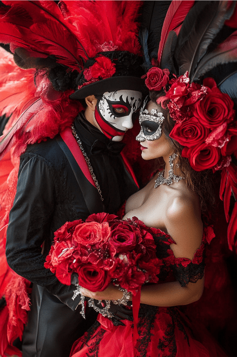 Una pareja ataviada con elaborados trajes de disfraces rojos y negros y la cara pintada, sosteniendo un ramo de rosas rojas, encarna la idea perfecta para un banquete de San Valentín en la iglesia.