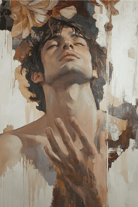 Essa pintura mostra uma pessoa com os olhos fechados, a cabeça inclinada para trás e a mão tocando o pescoço contra um fundo abstrato, refletindo sutilmente a serenidade contemplativa frequentemente associada ao significado bíblico do nome Mark.