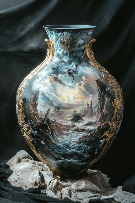 Elegante jarrón con una intrincada pintura paisajista y detalles dorados, que recuerda una escena del comentario de Hechos 3: mar tormentoso, acantilados rocosos y cielo dramático.