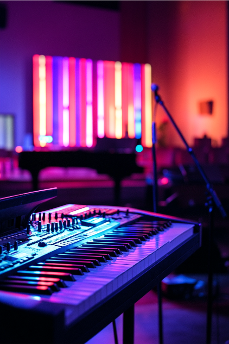 Un colorido teclado y un micrófono sobre un escenario, iluminado por vibrantes paneles de luz verticales, crean el escenario perfecto para exponer ideas creativas de servicio a los jóvenes.