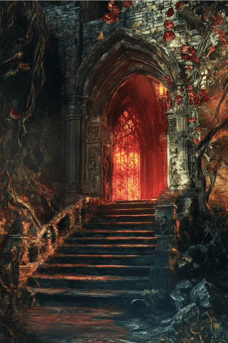 Antigos degraus de pedra levam a um arco gótico com uma luz vermelha quente e brilhante no interior, cercado por videiras e folhagens - uma entrada serena que lhe dá as boas-vindas. Obrigado por visitar nossa igreja.