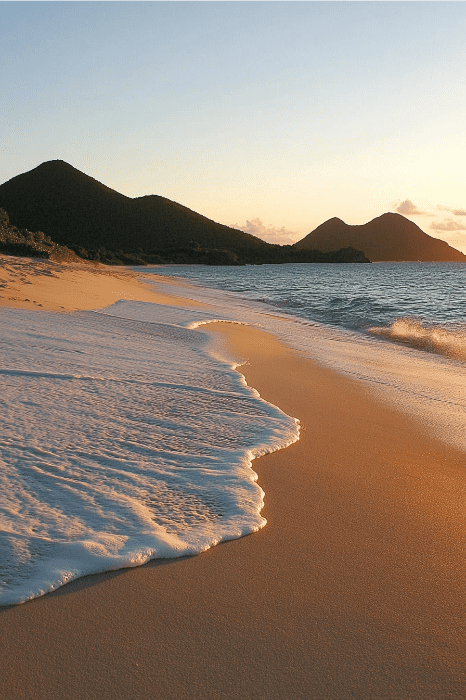 La puesta de sol en la playa, con las suaves olas rompiendo en la orilla y las lejanas colinas recortándose contra el cielo, ofrece un sereno telón de fondo similar a las oraciones contra la ansiedad y la depresión, que aportan paz a una mente inquieta.