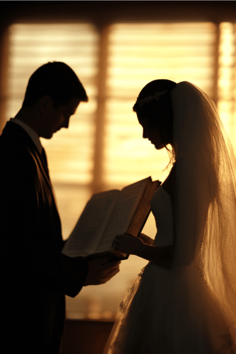 Noivos em silhueta à luz do sol, segurando um livro aberto juntos, ponderando sobre o que a Bíblia diz sobre o casamento após o divórcio.