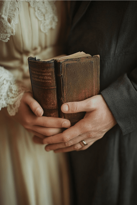 Duas pessoas segurando um livro antigo juntas; uma usa um anel e a outra tem mangas de renda, talvez ponderando sobre o que a Bíblia diz sobre o casamento após o divórcio.