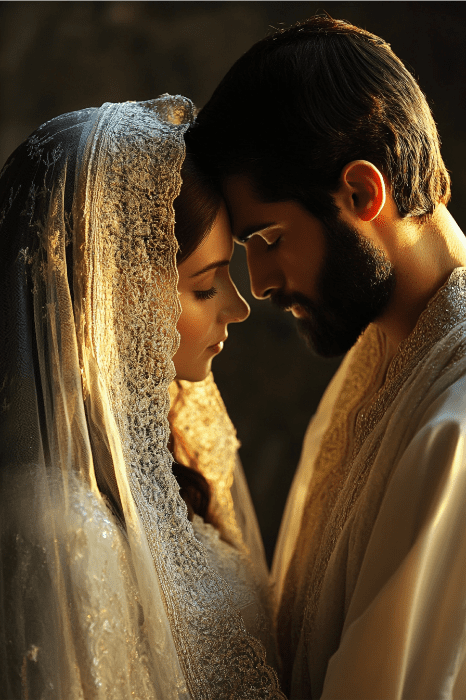 Bajo una luz suave y cálida, una pareja vestida con atuendos tradicionales se inclina frente a frente, encarnando la unidad y el amor que resuena en lo que la Biblia dice sobre las esposas.