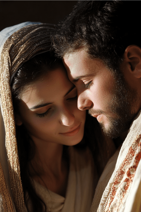 Un hombre y una mujer con atuendo tradicional se tocan suavemente la frente, con los ojos cerrados, encarnando el afecto y la unidad que a menudo se celebran en los pasajes que exploran lo que la Biblia dice sobre las esposas.