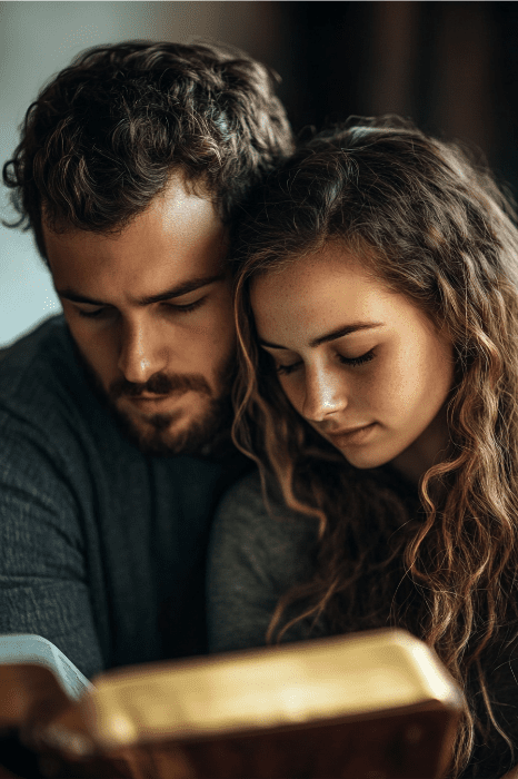 Una pareja sentada muy cerca, leyendo "¿Qué dice la Biblia sobre las esposas?" con una luz cálida iluminando el libro.