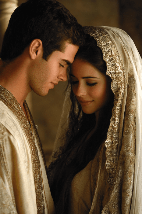 En un entorno suavemente iluminado, una pareja vestida con atuendos tradicionales se mantiene unida, con sus frentes en contacto, encarnando el vínculo sagrado y la unidad que a menudo se celebran en las enseñanzas sobre el amor y la pareja que se encuentran en la Biblia.
