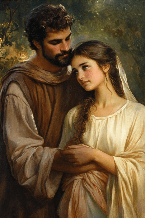 En un entorno sereno y boscoso, un hombre y una mujer con vestimentas históricas se abrazan tiernamente, evocando preguntas intemporales como "¿Qué dice la Biblia sobre las esposas?" y captando la esencia de los vínculos ancestrales.