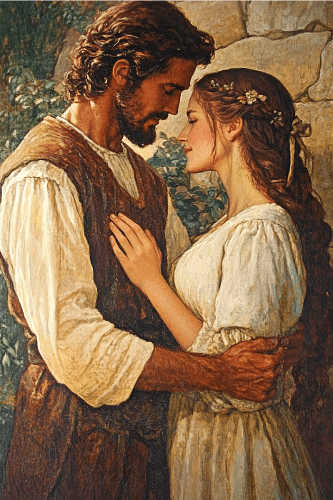Una pareja vestida con ropas rústicas se abraza tiernamente, tocándose la frente, contra un muro de piedra como telón de fondo, encarnando el amor y la armonía que se hacen eco de las enseñanzas sobre el compañerismo que se encuentran en las escrituras bíblicas sobre las esposas.