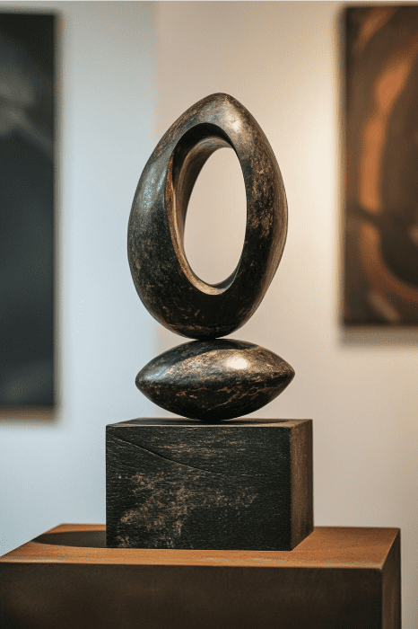 Escultura abstracta de piedra con formas ovaladas se balancea con gracia sobre un pedestal de madera en la galería. Su forma invita a los observadores a reflexionar sobre los temas de dar y recibir, haciéndose eco de ideas que recuerdan un comentario de Lucas 6:38.