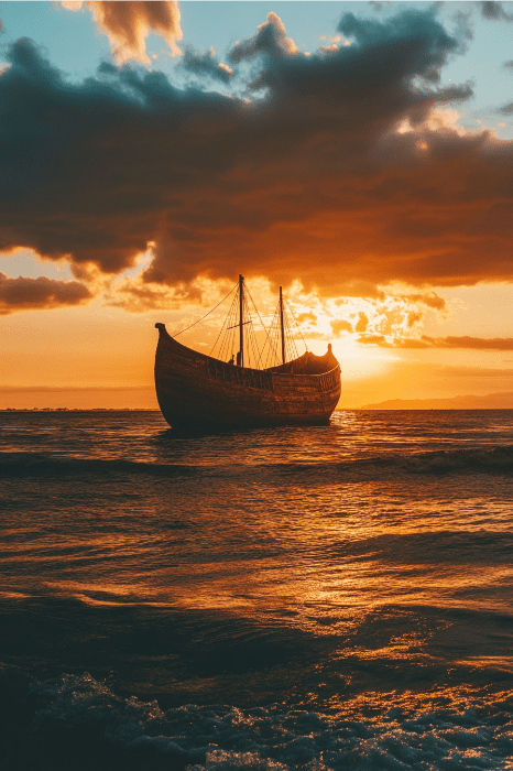 Un barco de estilo vikingo proyecta su silueta contra una vibrante puesta de sol sobre el océano, dramáticas nubes por encima que se asemejan a las páginas de antiguos cuentos o una animada ronda de juegos bíblicos para adultos, donde preguntas y respuestas tejen historias a través del tiempo.
