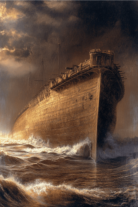 En medio de mares turbulentos y un cielo tempestuoso, este dramático cuadro de un viejo barco evoca la eterna lucha del hombre contra la naturaleza, como si se tratara de reflexionar sobre cuestiones profundas en atractivos juegos bíblicos para adultos.