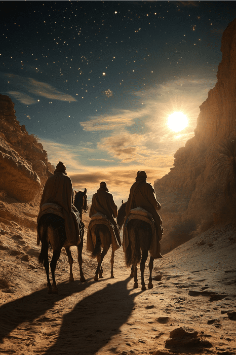 Bajo un cielo estrellado y una luna brillante, tres jinetes a caballo atraviesan un camino desértico. Es una escena digna de inspirar ideas creativas para el tablón de anuncios de la iglesia.