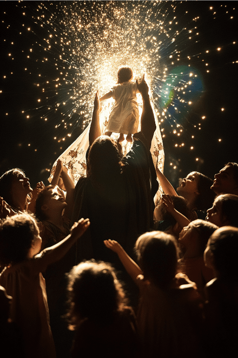 En una escena mística, un grupo de personas eleva a un niño hacia una luz brillante y estrellada, y sus acciones se hacen eco de la reverencia que se encuentra en las oraciones.