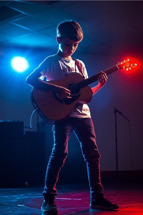 Un muchacho, encarnación de la juventud creativa, rasguea una guitarra acústica en el escenario bajo vibrantes focos.