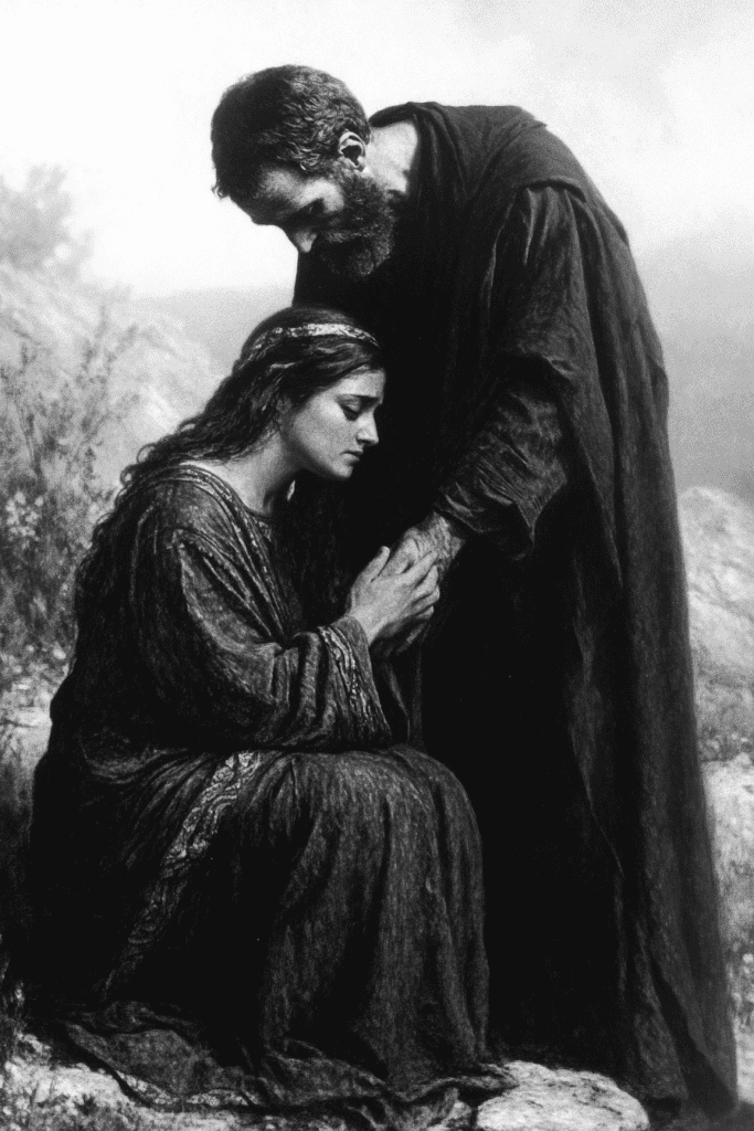 Una mujer arrodillada en oración, cogida de la mano de un hombre de pie, ambos vestidos con largas túnicas, encuentran consuelo y fuerza a través de sus momentos compartidos de reflexión en el estudio de la Biblia.