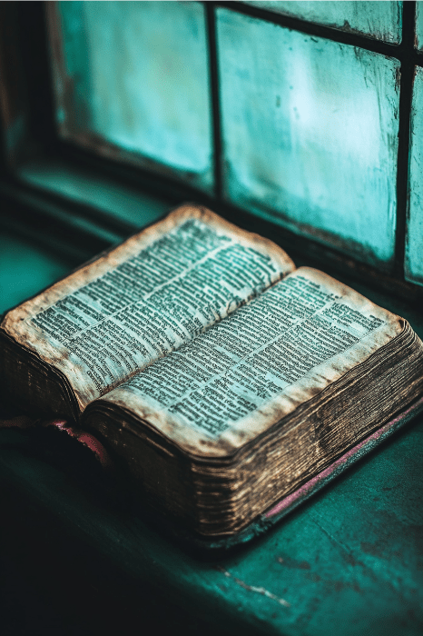 Un libro abierto y envejecido, de páginas gastadas, descansa en un alféizar verde azulado junto a una vidriera, por la que se filtra una luz dorada que recuerda a Jessica en los cuentos eternos de la Biblia.
