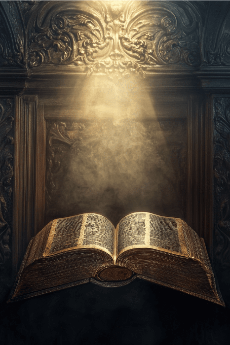Un antiguo libro, que recuerda a textos como los de la Biblia, está iluminado por un haz de luz, rodeado de intrincados paneles de madera tallada.