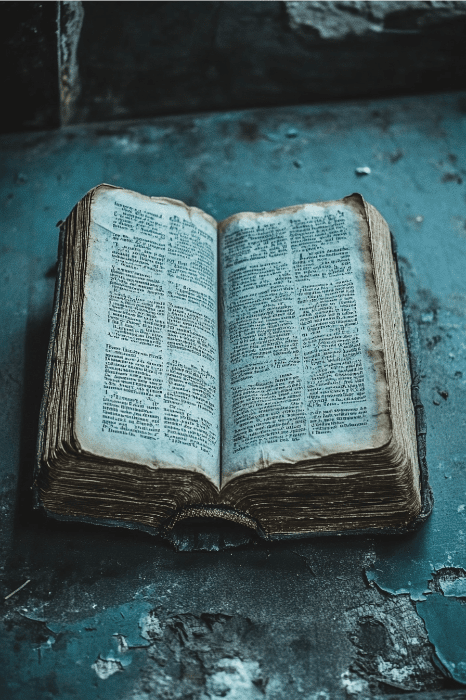 An old, weathered book open on a worn, blue surface reveals pages filled with visible text, stories aged like whispers of time—much like the ancient tales of Jessica in the Bible.