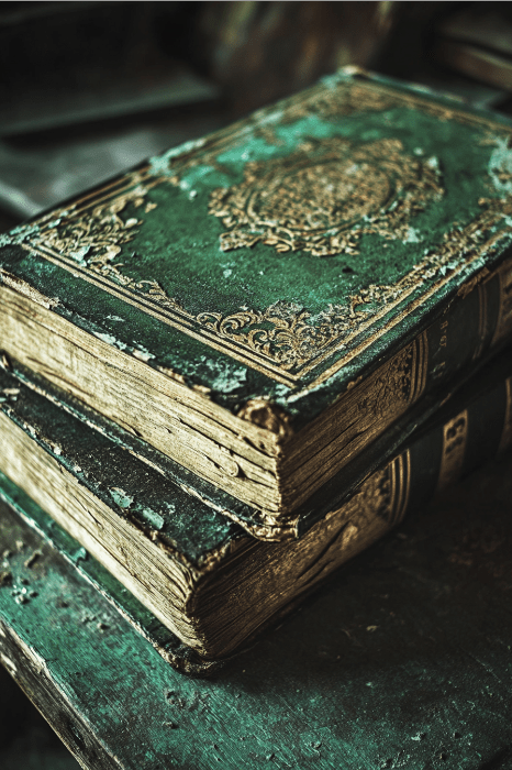 Dos ornamentados libros verdes de época con detalles dorados y páginas desgastadas, apilados sobre una superficie de madera, susurran historias tan intemporales como Jessica en la Biblia.