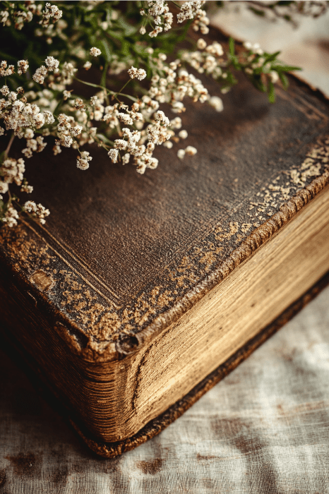 Un libro antiguo de cubierta desgastada, adornado con delicadas flores blancas, descansa sobre una superficie de tela texturizada, como las historias de Jessica en la Biblia tejidas en apreciadas páginas del pasado.