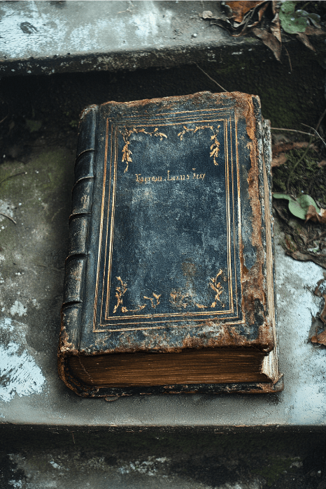 Un libro antiguo y desgastado, de cubierta oscura y detalles ornamentados, que descansa sobre unos escalones de piedra rodeados de hojas caídas, susurra historias tan intemporales como Jessica en la Biblia.