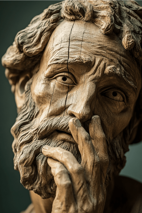 Escultura em madeira de um homem barbudo com traços faciais detalhados, com a mão tocando seu rosto pensativamente, lembrando os pais sábios da Bíblia, com fendas intrigantes na testa.