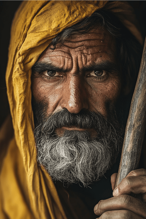 Um homem idoso com barba grisalha, que lembra os pais da Bíblia, veste um capuz amarelo e segura um cajado de madeira, olhando intensamente para a câmera.