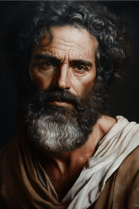 Uma pintura detalhada de um homem barbudo com cabelos cacheados, que lembra os pais da Bíblia, vestindo uma roupa branca e olhando atentamente.