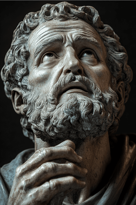 Close-up de uma estátua de mármore representando um homem barbudo que lembra os pais da Bíblia, olhando para cima com uma expressão de contemplação.
