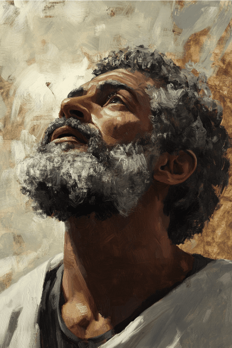 Uma pintura de um homem com barba, que lembra os pais da Bíblia, olhando para cima, iluminado por uma luz suave em um fundo texturizado.