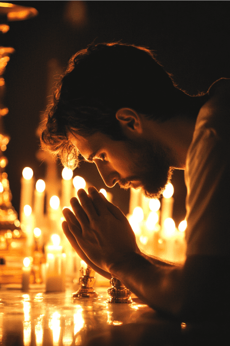 In a dimly lit space filled with the soft glow of numerous candles, a man stands in contemplation, his hands clasped as if guided by AA Step Prayers.