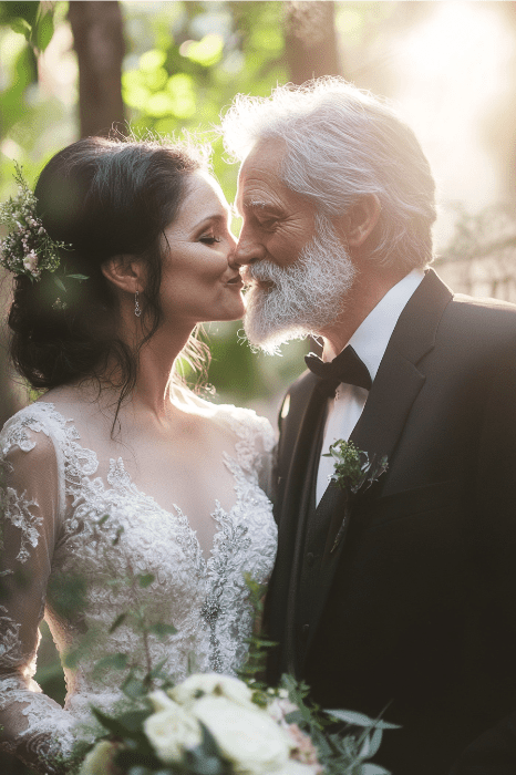 Una pareja de novios comparte un tierno momento al aire libre, rodeados de la suave luz del sol y la vegetación, reflexionando sobre las escrituras para maridos y padres que inspiran su viaje juntos.