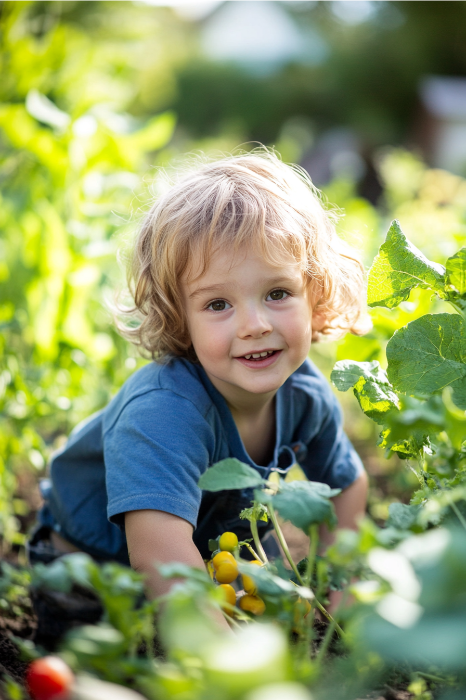 Un niño sonriente de pelo rizado se agacha en un frondoso jardín a la luz del día, encarnando el espíritu de divulgación de las iglesias.