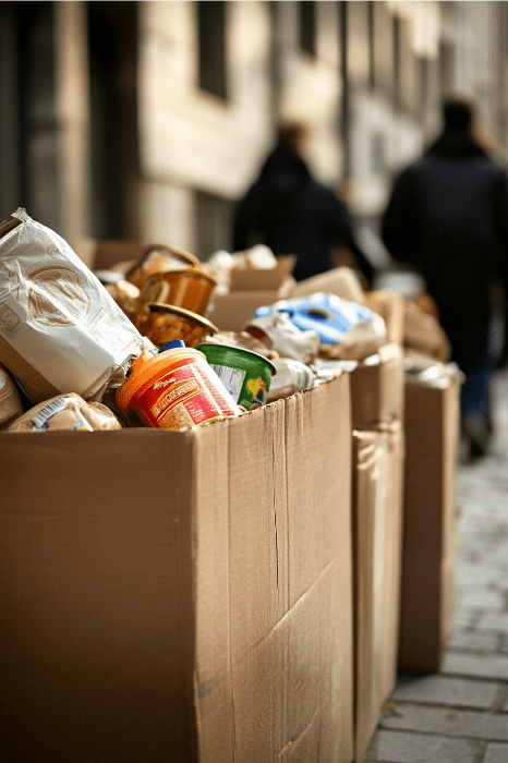 Cajas de cartón llenas de envases de alimentos desechados se alinean en la acera de la ciudad, recordando a las iglesias su papel de ayuda a las comunidades locales en medio del bullicio y la confusión de los peatones.