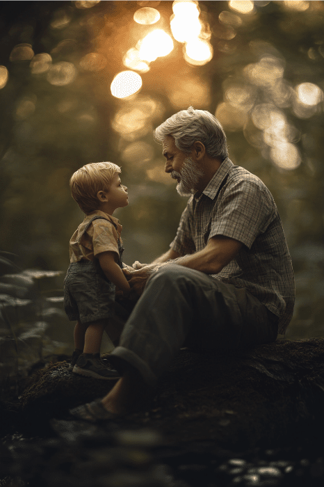 Um avô e um menino compartilham sorrisos calorosos em uma floresta iluminada pelo sol, sentados em um tronco, incorporando o espírito de uma lição bíblica do Dia dos Pais sobre amor e conexão entre gerações.