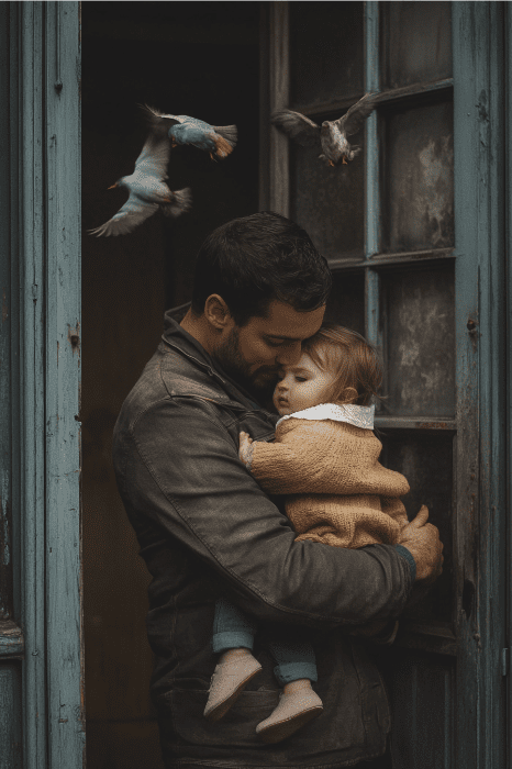 Em uma cena comovente que captura a essência de uma lição bíblica do Dia dos Pais, um homem segura seu filho com amor em uma porta, cercado pelo gracioso voo dos pássaros.