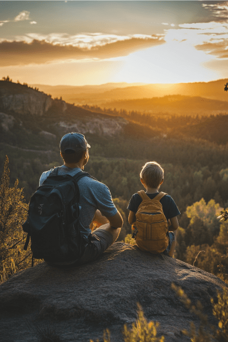 Duas pessoas com mochilas sentadas em uma rocha, apreciando o pôr do sol do Dia dos Pais em uma paisagem de floresta, como se estivessem buscando a sabedoria serena da reflexão tranquila de uma igreja.