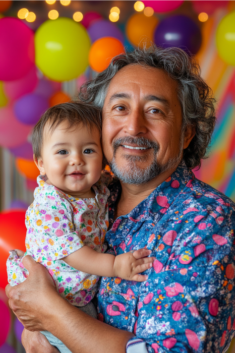 Um homem alegre embala um bebê sorridente em meio a balões coloridos e decorações festivas, comemorando o Dia dos Pais com uma deslumbrante variedade de ideias de presentes inspirados na igreja.