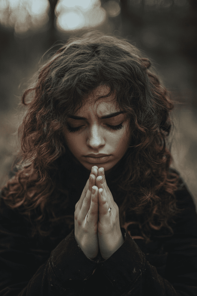 Una mujer de pelo rizado permanece de pie al aire libre, con los ojos cerrados y las manos juntas en señal de oración, encontrando consuelo en un momento de reflexión y salud mental.