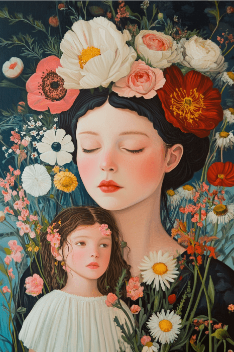 Uma mulher e uma criança serenas estão cercadas por flores vibrantes, com os olhos fechados em expressões pacíficas, lembrando as tranquilas leituras do Dia das Mães para a igreja.