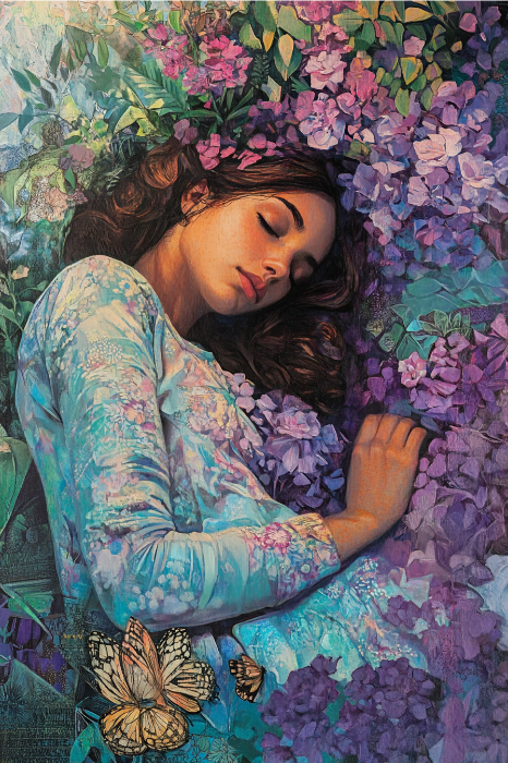 Uma mulher dorme pacificamente em meio a flores roxas, cercada por borboletas e vegetação exuberante, evocando a tranquilidade frequentemente encontrada nas leituras do Dia das Mães para a igreja.