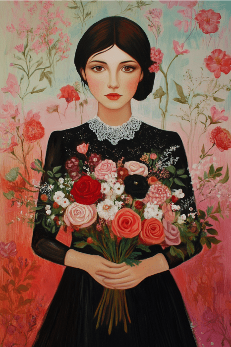 Uma mulher em um vestido preto segura um buquê colorido em um fundo floral, rosa e verde, lembrando as leituras do Dia das Mães para a igreja.