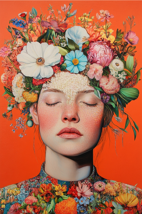 Uma mulher de olhos fechados usa um vibrante cocar floral, evocando o calor e a beleza das leituras do Dia das Mães para a igreja, em um fundo laranja.